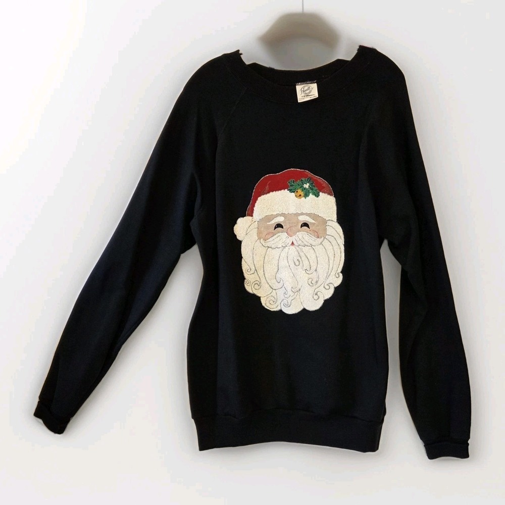 Vintage Christmas Sweatshirt 2XL Black Fleece Crewneck Santa Glitter Holiday - Picture 8 of 9